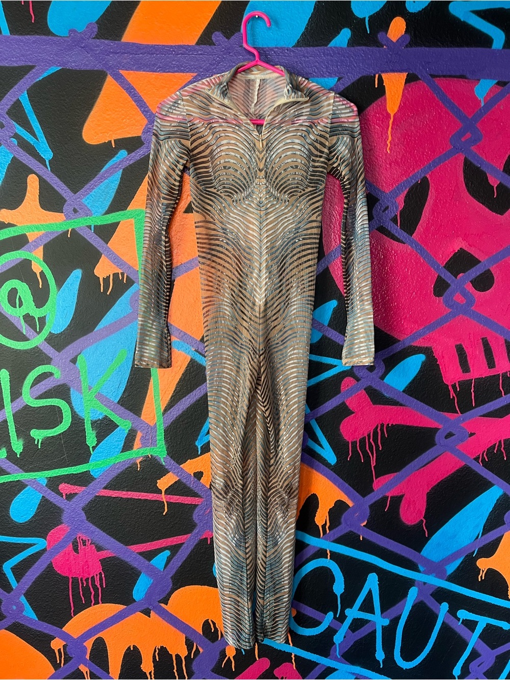 Badinka blue and tan zebra stripe print graphic mesh bodysuit